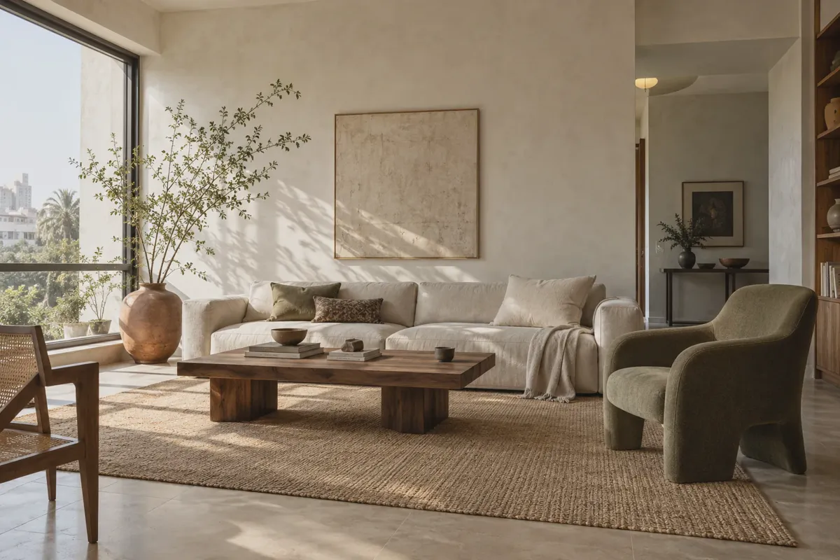 A living room with a linen sofa, coffee table and lounge chair